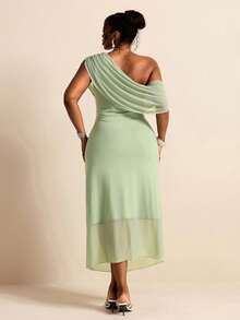 Elaquor Robe tricotée grande taille printemps/été, nouvelle, élégante, à épaule asymétrique, manches courtes, taille plissée, décontractée et polyvalente pour le port quotidien - Vert - Voir 3