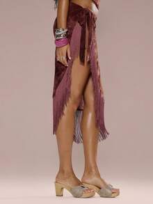 MUSERA Devore Paisley Print Fringe Sarong Tie Side Skirt Only Summer Holiday Vacation Beach Ibiza Cute Festival Elegant Sexy Cherry Moon Burgundy Red - Burgundy - View 3