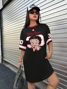 Betty Boop x SHEIN Plus Size Cartoon Print Short Sleeve Dress - White - View 6