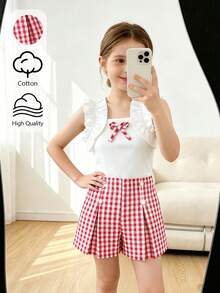 Young Girl Spring/Summer New Sweet College Style 2-Piece Set, White Solid Soft Ribbed Fabric Sleeveless Top Paired With Delicate Ruffle Trim Flutter Sleeve & Red Plaid Bow Decor Shorts Set - Red and White - View 7