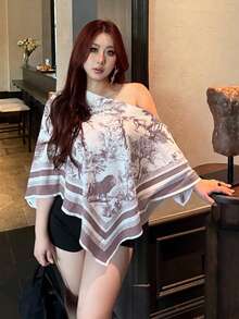Vibekara Plus Size Women's White Summer Elegant Tea Party Printed Asymmetric Collar Batwing Sleeve Blouse,Retro Sunset Holiday Loose Fashion Hem Top,Casual - Khaki - View 3