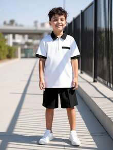 SHEIN 两件套男童休闲校服/学院撞色拼接 Polo 领衬衫短裤套装，适合通勤、上学、日常休闲、运动、春夏穿着。 - 黑色 - 查看 6