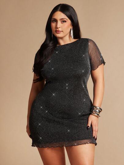 SHEIN BAE Plus Size Women Black Metallic Thread Short Sleeve Dress
