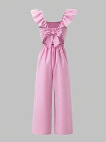 Elladie kids 女童无袖连体裤，露背设计，装饰大蝴蝶结，短袖，适合春夏日常休闲穿着 - 粉色 - 查看 2