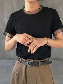 FRIFUL 素色拼接透視波點網格布料寬鬆休閒百搭T恤 - 黑色 - 查看 5