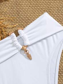 Oceva Women's Summer Vacation Beach Ruched Metal Decor Triangle Bikini Bottom - White - View 8