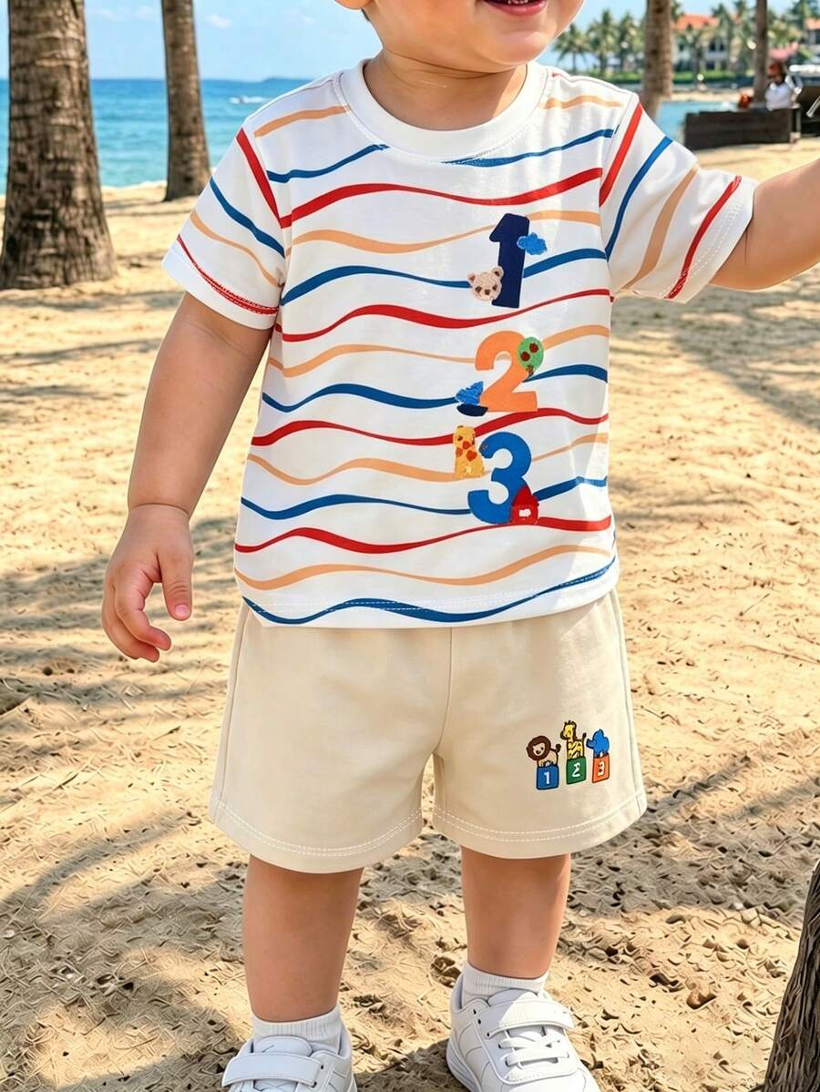 一套男童夏季新款条纹数字123卡通贴布短袖T恤套装,幼儿休闲两件套,时尚运动风短裤和上衣,适合日常穿着和上学,充满活力和可爱气息。 - 彩色 - 查看 1