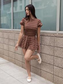 Andrea Bello Y2K 性感復古格紋度假亞文化學院風洋裝 優雅夏季 - 咖啡 - 查看 6
