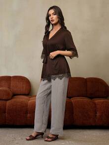 HautHeat Women's Lace Trim Robe With Waist Tie And Striped Print Pants Pajama Set, Suitable For Spring, Summer And Autumn - Rust Brown - View 5