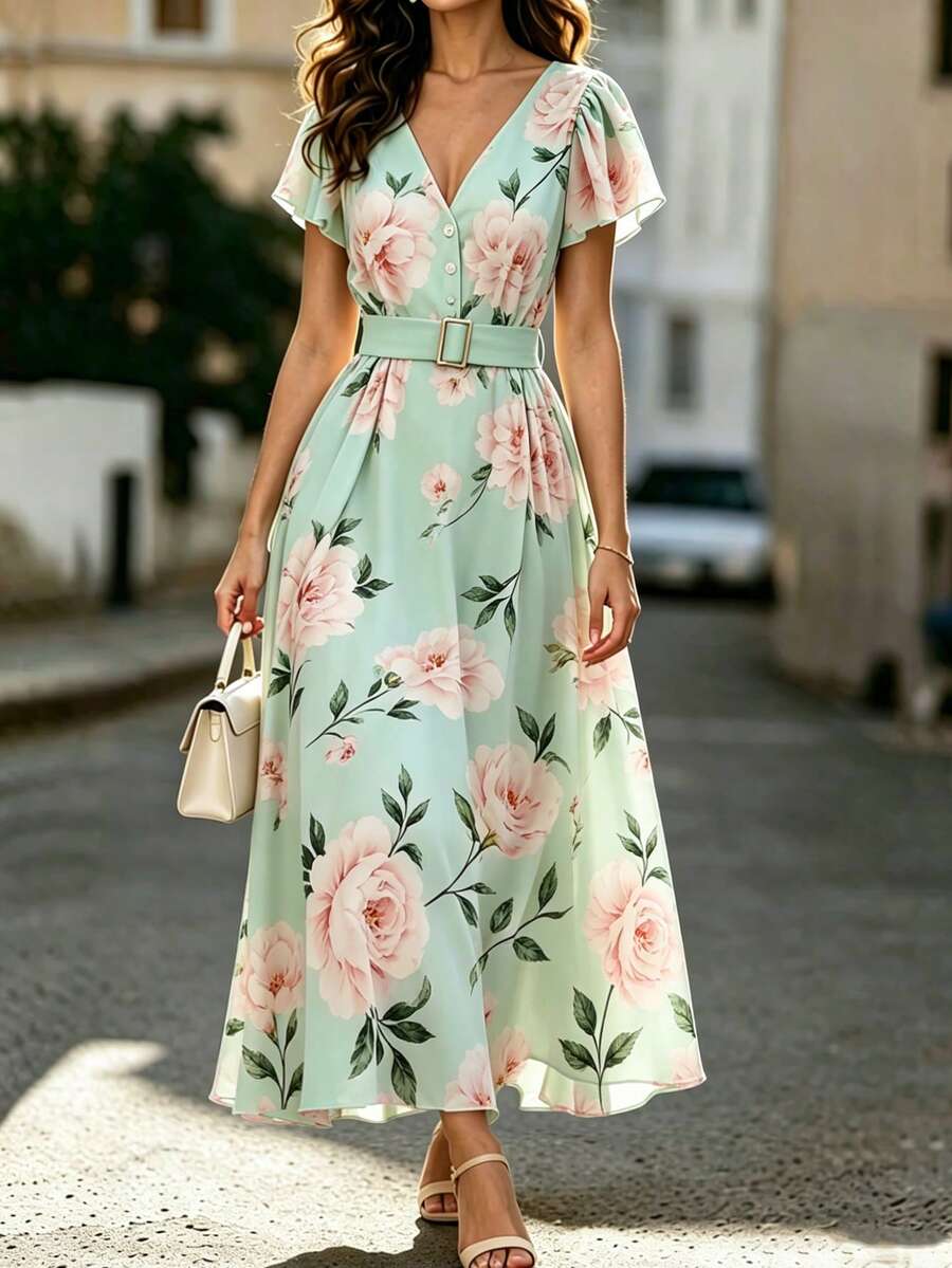 SHEIN LUNE 春夏新款女款花卉印花洋裝,優雅淡綠色長洋裝,女款中長洋裝,女款V領繫腰洋裝,女款V領荷葉袖收腰大裙擺洋裝,女款浪漫度假洋裝,女款粉色洋裝 - 薄荷綠 - 查看 1