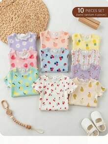 SHEIN Bộ 4 món áo liền quần tay ngắn dệt kim hình thỏ hoạt hình và hoa dễ thương cho bé gái sơ sinh, thích hợp cho mùa hè. - Nhiều màu - Xem 5