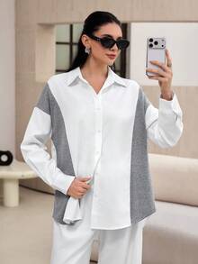 Mulvari Women's Gray White Splice Long Sleeve Blouse, Loose Fit Casual Shirt For Work Office Autumn - White - View 8