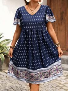 EMERY ROSE Vestido boho de manga corta con estampado floral azul marino para mujer de talla grande, vestido fluido, atuendos, vacaciones de verano casuales - Multicolor - Ver 2