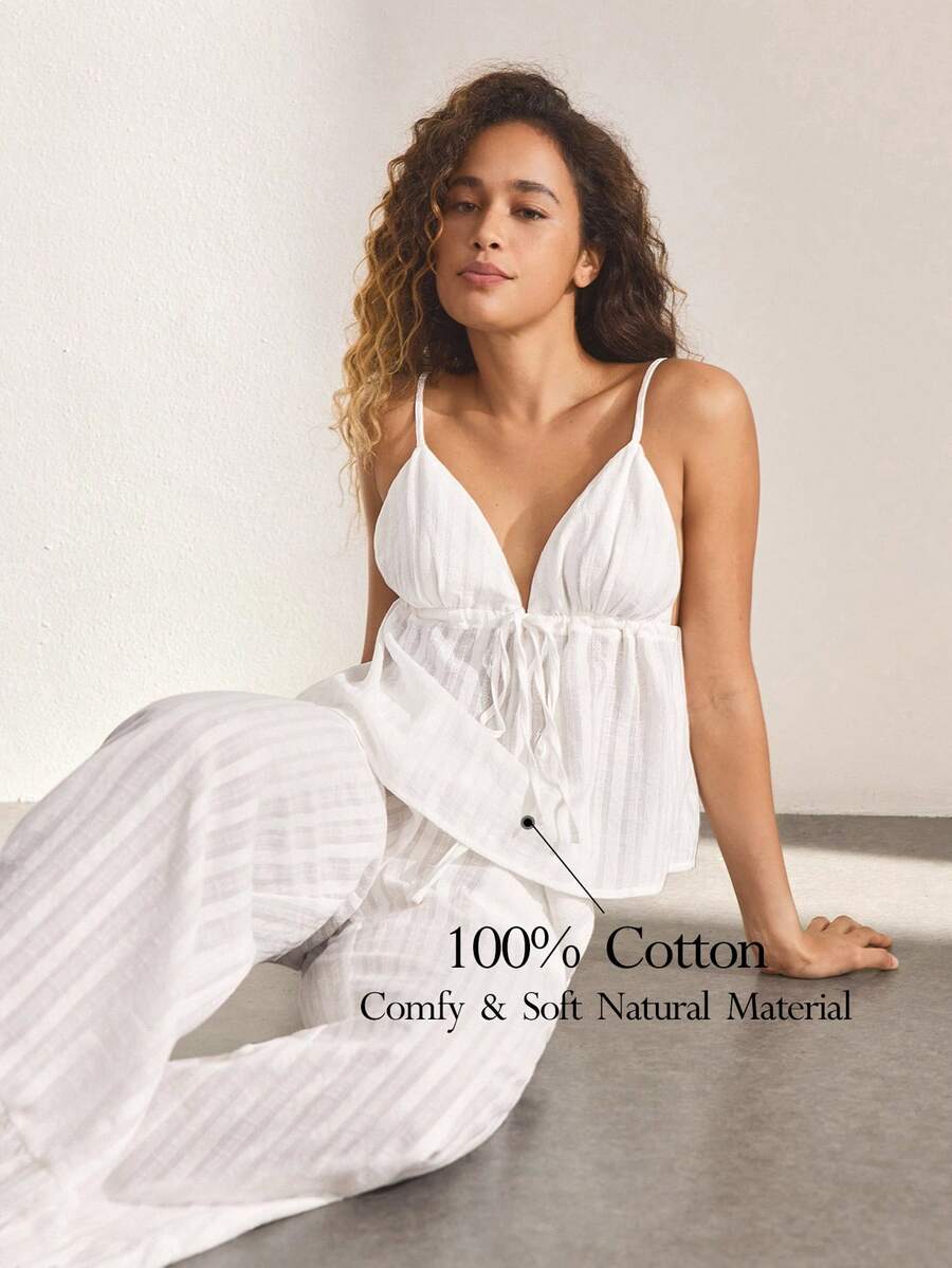Ocili Đồ mặc nhà thoải mái tự nhiên, vải dệt jacquard cotton, bộ đồ ngủ không tay cho nữ với quần ống rộng có bèo nhún ở gấu quần. - trắng - Xem 1