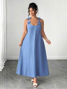Elenzga Plus Size Women's Elegant Floral Textured Spaghetti Strap Maxi Dress,Blue Summer Tropical Tea Party Holiday, & Flattering Casual Party Gown - Dusty Blue - View 3