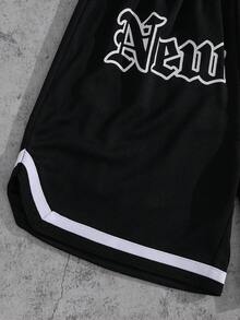 SHEIN 儿童/青少年男童休闲百搭舒适字母印花宽松针织短裤，适合通勤、上学、日常休闲、度假、运动，春夏秋冬四季皆宜，也适合返校季穿着。 - 黑色 - 查看 4