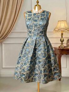 Rometta Plus Size  Summer Elegant Royal Blue Jacquard Foil Embossed A-Line Sleeveless Maxi Dress,Winter Wedding Princess Square Neck Floral Party Ball Gown - Dusty Blue - View 7