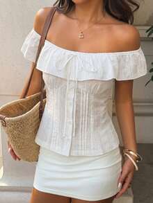 DAZY Áo nữ màu trơn, chất liệu jacquard, dáng ngắn, xếp ly, trễ vai, thích hợp cho kỳ nghỉ hè. - trắng - Xem 2