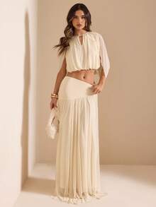 SHEIN BAE Bộ đồ 2 món màu mơ thanh lịch và thời trang dành cho nữ: áo và chân váy. - Màu be - Xem 3