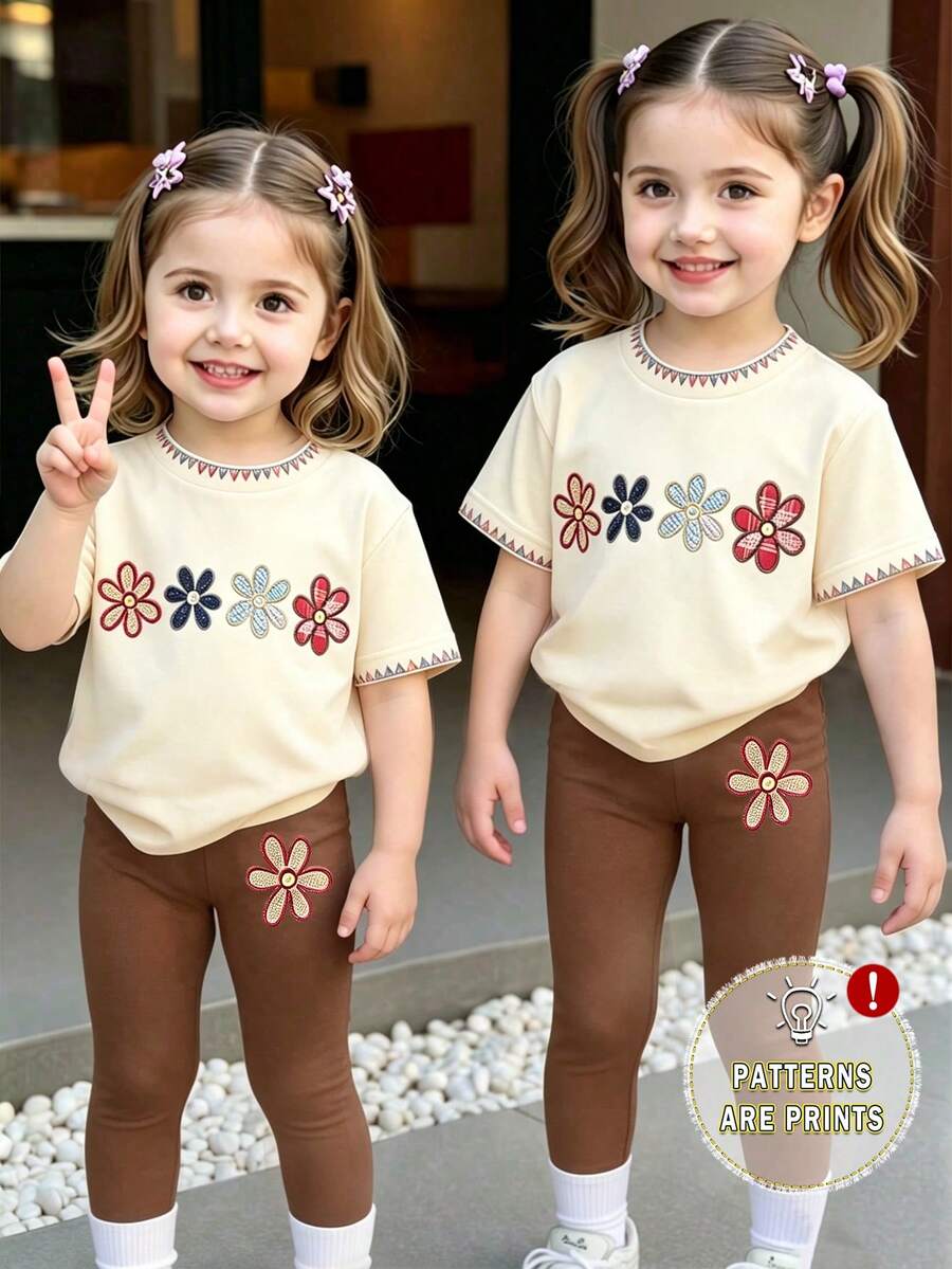 2pcs/Set Baju dan Legging Kasual Chic Motif Leopard dengan Pita untuk Anak Perempuan, Nyaman untuk Dipakai Sehari-hari di Musim Semi, Musim Panas, dan Musim Gugur