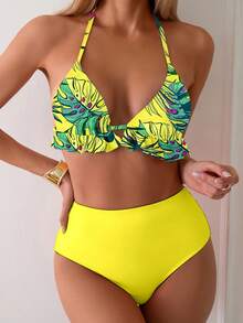 Swim Lushoire 女款熱帶植物印花三角杯泳衣搭配高腰純色泳褲比基尼套裝 - 黃色 - 查看 1