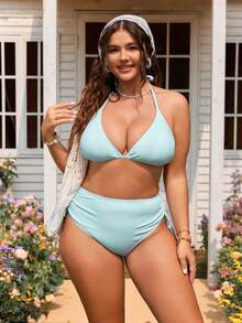 Swim Mod Bộ đồ bơi nữ cỡ lớn mới năm 2026, 2 món/bộ, họa tiết sọc ngẫu nhiên, cạp cao, có dây rút, kiểu dáng thường ngày. - Màu xanh bạc hà - Xem 3