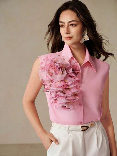 Aveloria Rosie Áo kiểu không tay cổ bẻ xếp lớp, chất liệu organza, họa tiết hoa hồng nhiều màu sắc, lãng mạn và thanh lịch, đa năng, thích hợp cho công sở, thường ngày, dự tiệc hoặc đi nghỉ lễ.
