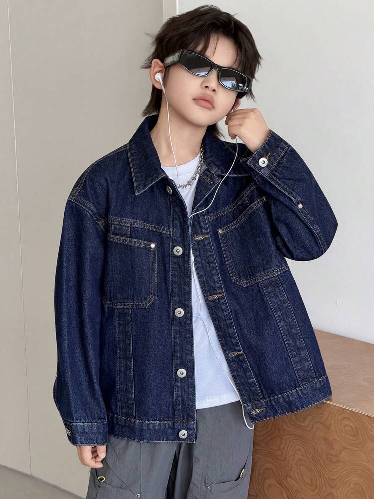 Oversized Turndown Collar Casual Long Sleeve Jacket For Big Boys, Denim Coat