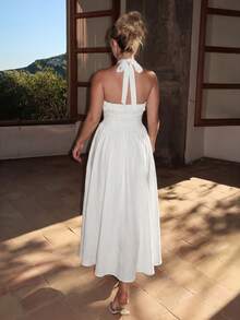 Turnttoni Damen-Swingkleid mit Neckholder, Raffung und Schleife, Weiß, Party-Outfit für Damen, Silvester-Outfit, elegantes Herbst-Hochzeitsgastkleid für den Sommer - Weiss - Übersicht 2