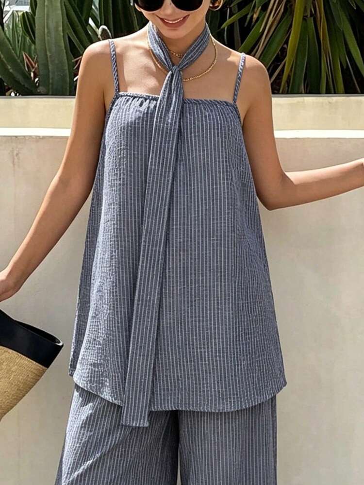 Women's Vacation Striped Camisole And Pants Casual 2 Pieces Set