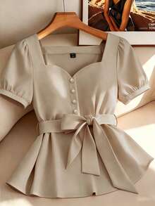 Formidée Large-Sized Woven Elegant And Simple Commuting Women's Shirt - Apricot - View 3