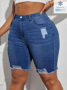 SHEIN SXY Plus Size Distressed Versatile Denim Shorts - Dark Wash - View 1