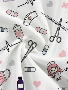 PopScrub 女款白色V領短袖雙口袋可愛卡通圖案刷手服上衣，護理師/醫生制服，獸醫技術員、營養師工作服，多口袋實驗室外套，功能性工作服，可愛節日穿搭 - 白色 - 查看 5