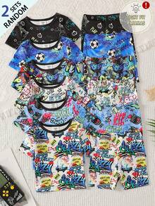 [2 Sets Random] 1 Set Baby Boy Summer Snug Fit Pajamas Short Sleeve & Shorts Soft Knit Ink Splatter Soccer And Cartoon Monster Print - Multicolor - View 4