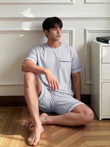 Napfluff Men's Knit Crew Neck Short Sleeve Shorts Pajama Set With Contrast Trim - Light Grey - View 5