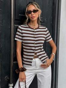Serisse Women's Casual Striped Front Button Short Sleeve Knit Top, Summer - Brown - View 12