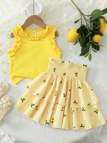 Souflis Souflis Young Girls 2pcs Lemon Print Outfit Set, Ruffled Collar Sleeveless Top + Layered Lemon Print Skirt, Bright Color, Sweet Casual Suit For Daily Wear, Party, Vacation, Ideal Summer Outfit - Yellow - View 1