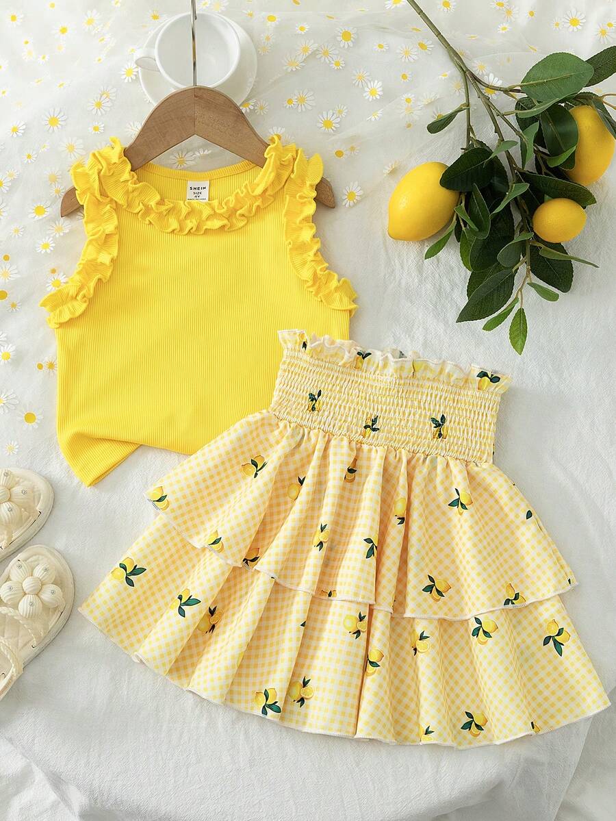 Souflis Souflis Young Girls 2pcs Lemon Print Outfit Set, Ruffled Collar Sleeveless Top + Layered Lemon Print Skirt, Bright Color, Sweet Casual Suit For Daily Wear, Party, Vacation, Ideal Summer Outfit - Yellow - View 1