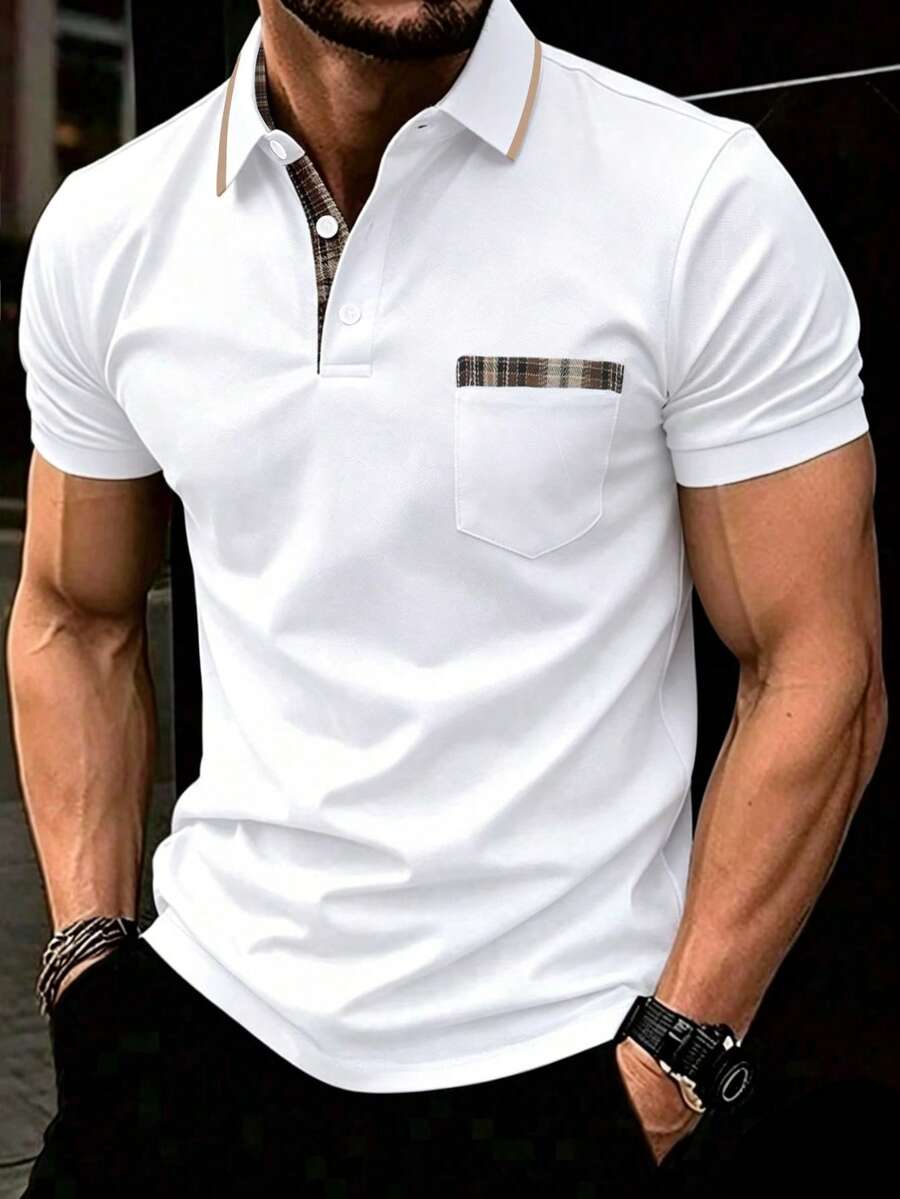 Manfinity Mode Men's Plaid Print Patch Pocket Casual Short Sleeve Polo Shirt, Summer - White - View 1