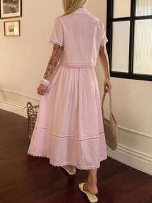 DAZY Spring/Summer Women's Elegant Lace Patchwork Pocket Shirt And Skirt 2 Pieces Set - Pink - View 4