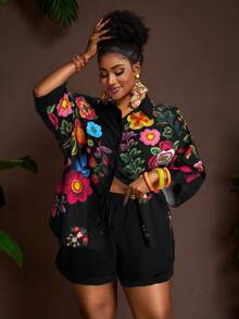 Veslaya 2025 Neue Frühling/Sommer Damen Große Größen Vintage Western/Tropical/Musik Festival/Club/Road Trip//Boho/Stadt/Straßen-/Eleganter Urlaubs 2-teiliges Set - Locker sitzende weiße Bluse mit Blume Muster und Kragen, Schulterausschnitt & Shorts mit elastischem Bund und weitem Bein - Schwarz - Übersicht 5