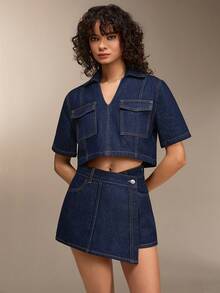 EURMUSE Conjunto casual feminino composto por top cropped de manga curta com bolso utilitário e saia jeans assimétrica. - Lavagem escura - Ver 4