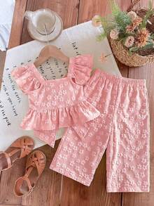 2 Pieces Baby Girl Summer Casual Color-Blocked Ruffled Shirt And Trousers Set - Baby Pink - View 2