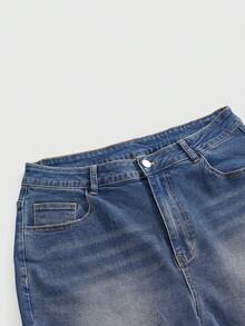 Sweetness Plus Size Vintage Casual Washed Summer Embroidered Cute Apple Pattern Versatile Minimalist High Stretch Flare Jeans Teachers' Day Formal Graduation - Blue - View 3