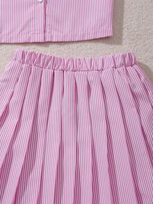 Sparklyn Tween Girl Striped Print Sleeveless Shirt Paired With Plaid Pleated Skirt - Pink - View 6