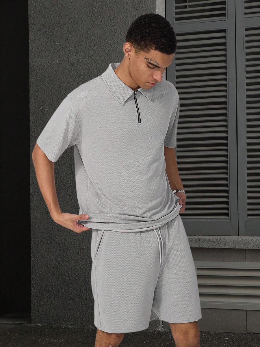Manfinity Homme Men's Solid Color Zip-Up Half Placket Short Sleeve Polo Shirt And Shorts Casual Daily Outfit - Grey - View 1
