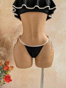 Soleia Contrast Color Trim Square Neck Ruffle Trim Bikini Set - Black - View 5