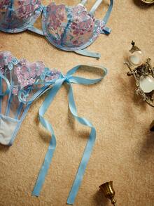 PinupPomp 2 件套女士天蓝色刺绣系带内衣套装 - 淺藍色 - 查看 5