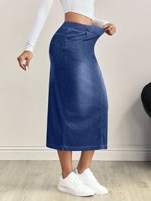 Flexra Plus Size Dark Wash Denim Skirt - Medium Wash - View 3