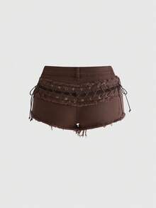 ROMWE Y2K Sexy Denim-Shorts für Damen mit Schnürung, ausgefranstem Saum und Cut-out-Rücken - Kaffeebraun - Übersicht 4